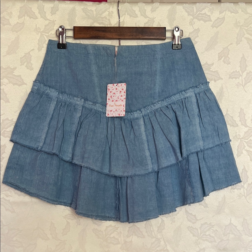 FREE PEOPLE BLUE DENIM RUFFLE MINISKIRT